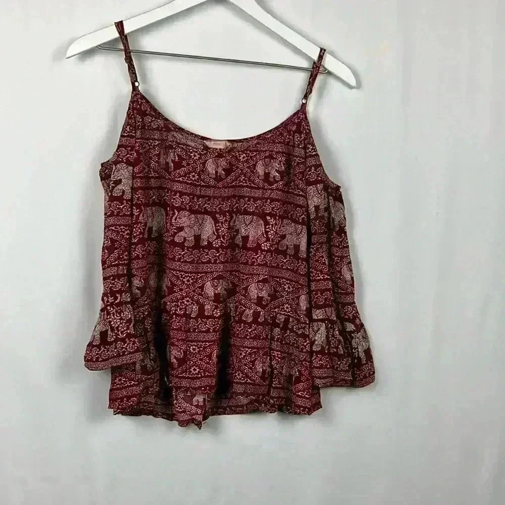 Forever 21 Womens BabyDoll Top S Dark Red Open Shoulder Bell Sleeves Peplum Hem